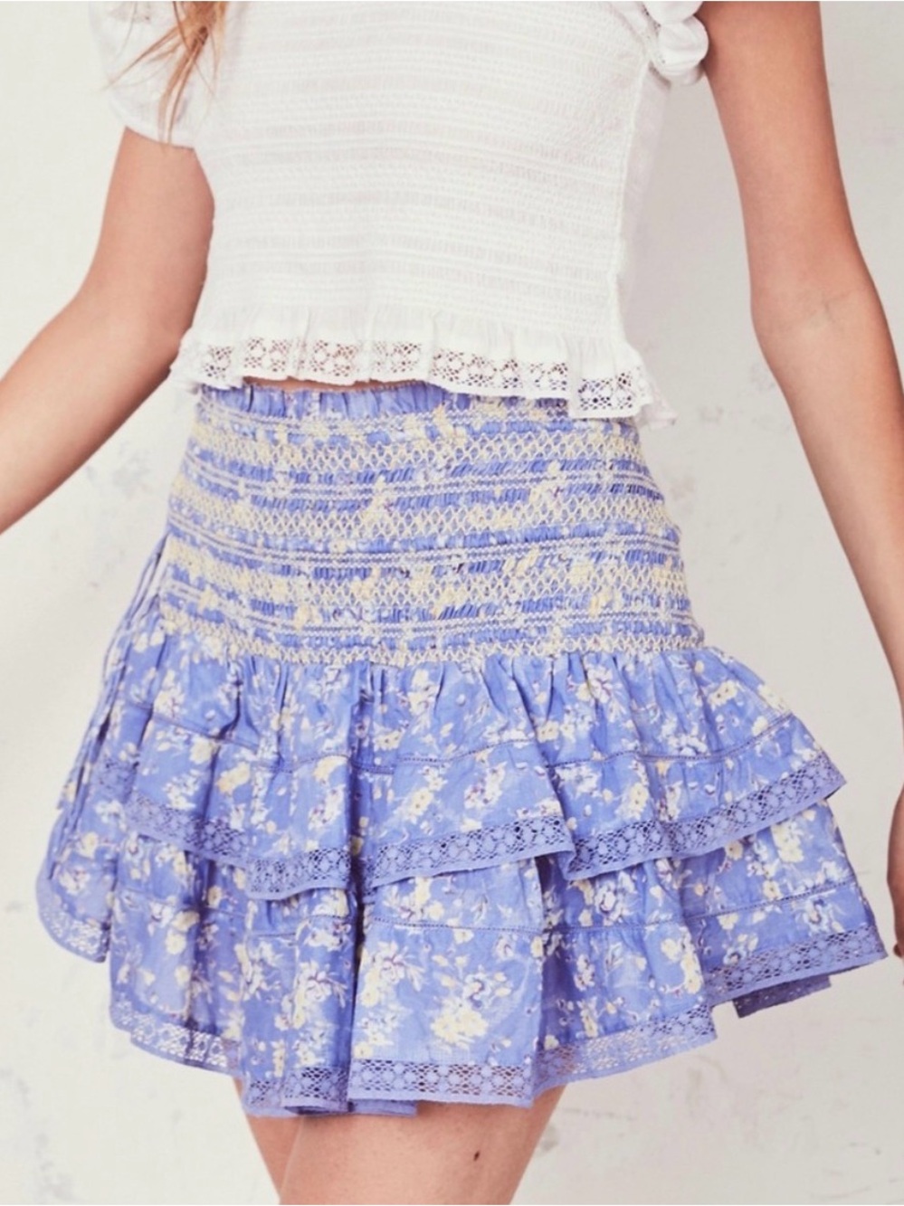 LoveShackFancy Lilac Floral Ruffled Mini Skirt